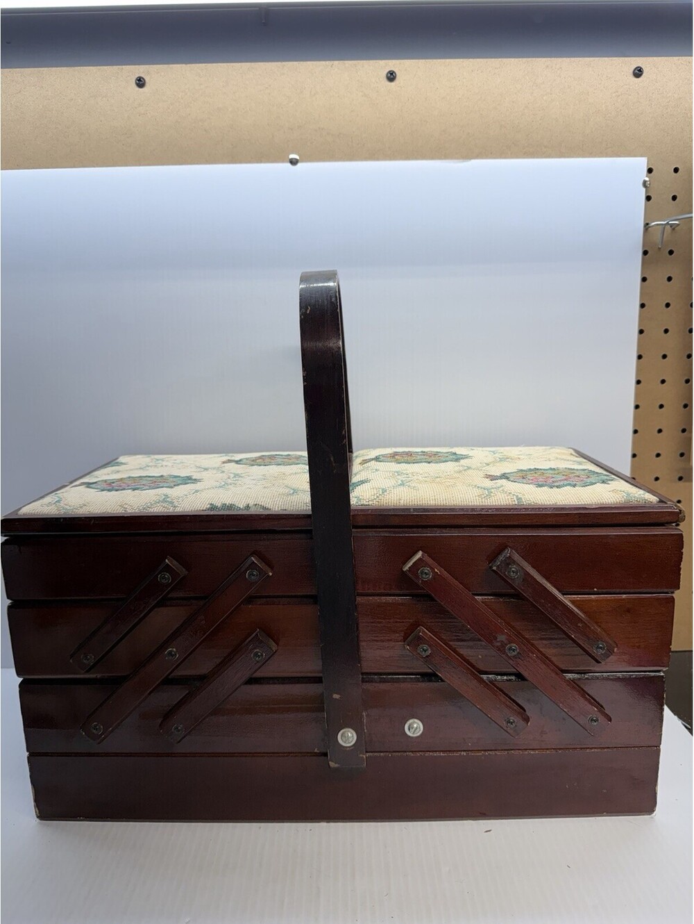 Vintage MCM Wood Tiered Foldout Accordion Style Sewing Box